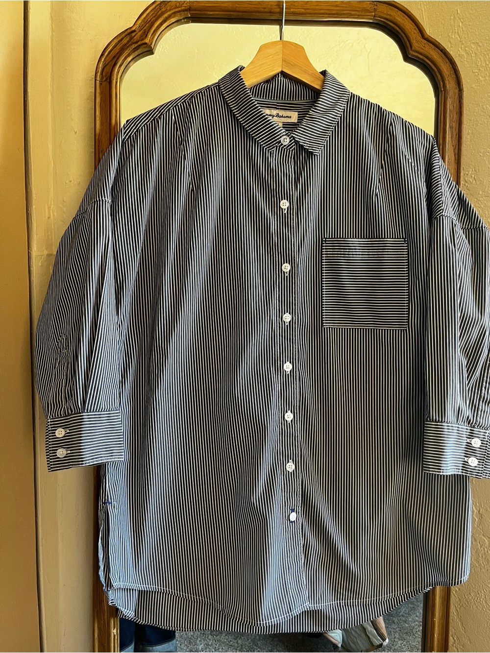 Tommy Bahama Grey and White Striped Button-Down Shirt with 3/4 length Sleeves